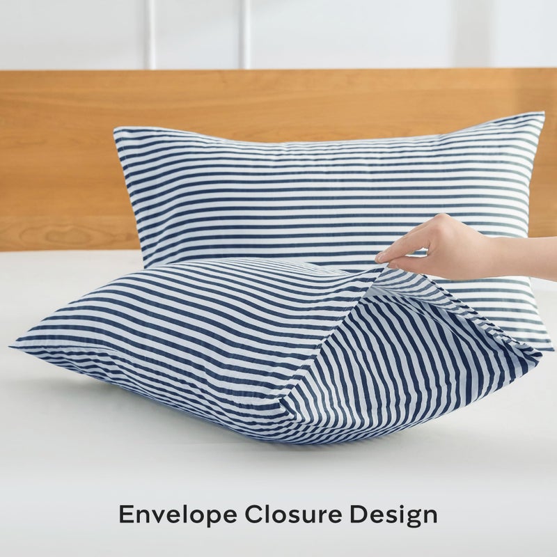JELLYMONI 100% Natural Cotton Striped Standard Pillowcases Set, 2 Pack White and Dark Blue Stripes Pattern Printed Pillow Covers with Envelope Closure(Pillows are not Included) - Image 4